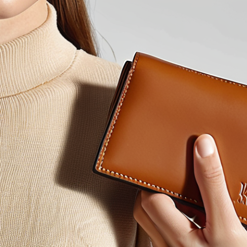 A sleek, elegant Loewe minimalist wallet, held gracefully in a person's hand, subtly complementing a contemporary, sophisticated outfit. The wallet's compact design and high-quality leather are highlighted, fitting seamlessly into a modern, minimalist lifestyle, perhaps near a chic micro bag or peeking from a pocket. Soft, natural lighting. Focus on fashion statement and understated luxury.