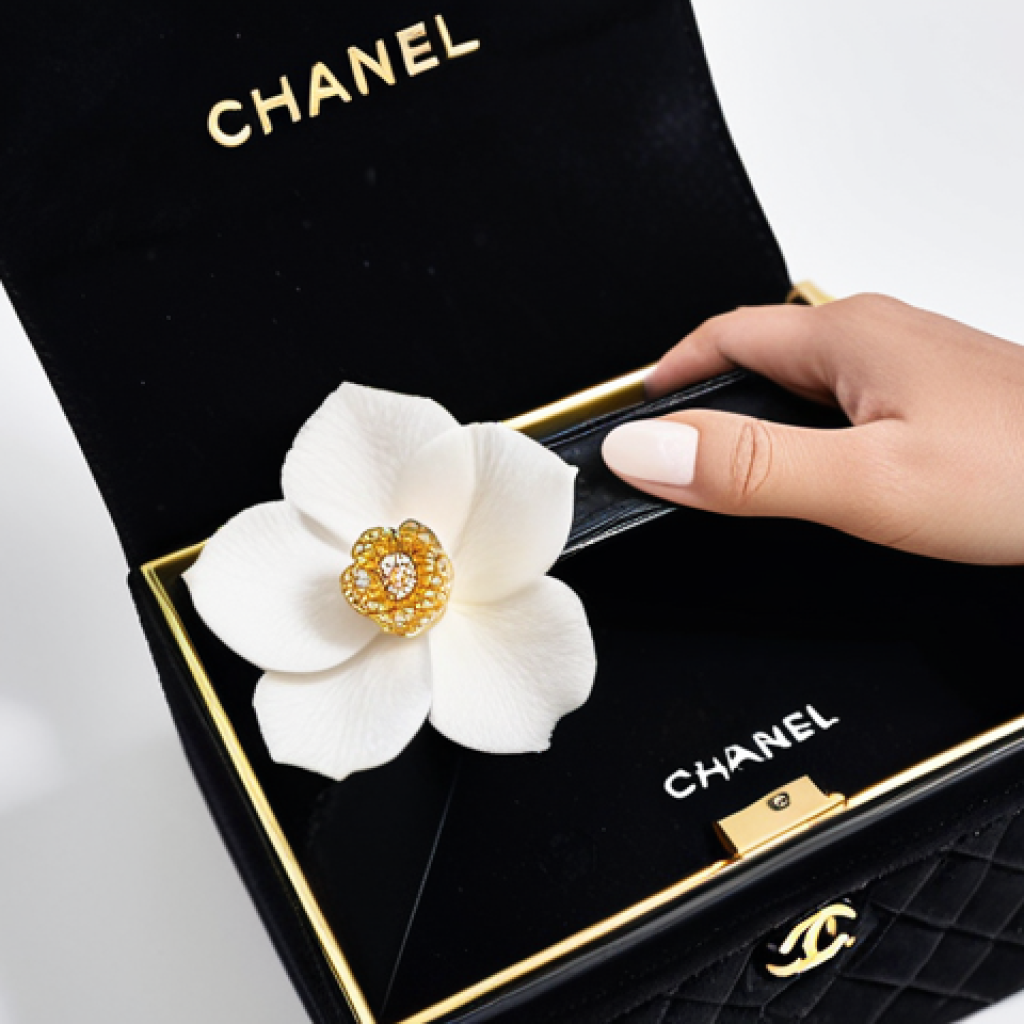 A close-up view of elegant, well-manicured hands carefully opening a pristine white luxury gift box adorned with a camellia flower. Inside, a soft black velvet dust bag is being revealed, partially showing the corner of a black Chanel Classic Flap Wallet crafted from textured caviar leather, with a gleam of its gold CC logo. The setting is a clean, minimalist surface with soft, diffused lighting, emphasizing luxury and anticipation. Perfect anatomy, well-formed hands, proper finger count, correct proportions, natural pose. Professional photography, high quality, fully clothed, appropriate attire, safe for work, appropriate content, modest, family-friendly.