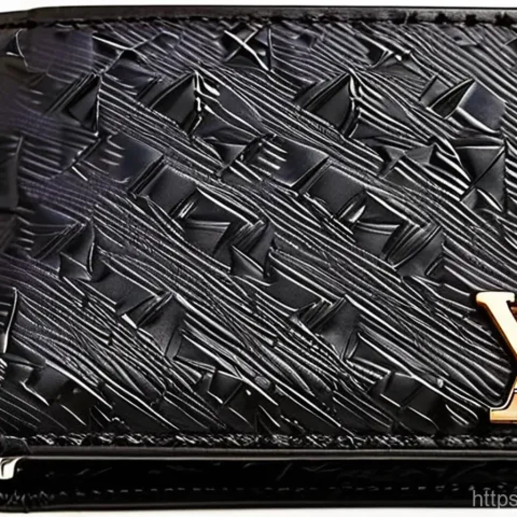 루이비통 남성용 지갑과 여성용 지갑의 차이 - A close-up, high-angle shot of a sophisticated Louis Vuitton men's bi-fold wallet in Damier Graphite...