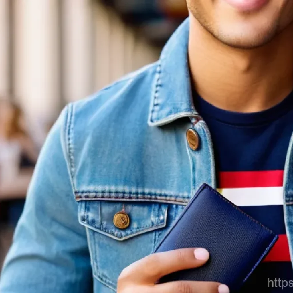 타미힐피거 캔버스 지갑과 가죽 지갑 비교 - A vibrant, dynamic shot of a young adult, early 20s, with a cheerful smile, casually holding an open...