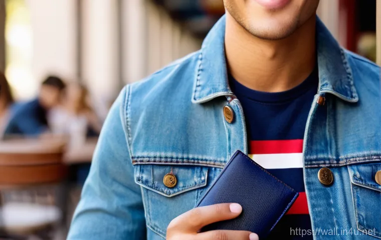타미힐피거 캔버스 지갑과 가죽 지갑 비교 - A vibrant, dynamic shot of a young adult, early 20s, with a cheerful smile, casually holding an open...