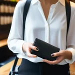 Home 11 DKNY의 트래블 지갑과 명함 홀더 리뷰 - A sophisticated, realistic photograph capturing a gender-neutral person in their late 20s to early 3...