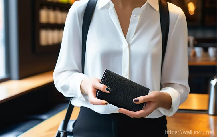 DKNY의 트래블 지갑과 명함 홀더 리뷰 - A sophisticated, realistic photograph capturing a gender-neutral person in their late 20s to early 3...