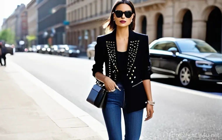 발렌티노 락스터드와 생로랑 모노그램 지갑 비교 - **Prompt for Valentino Rockstud Wallet:**
    "A stylish woman in her early 30s confidently holding ...