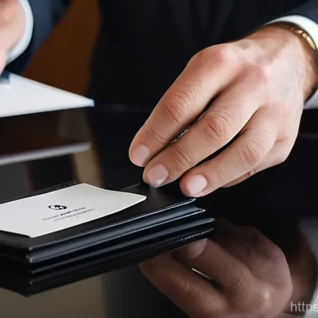 몽블랑 명함 지갑과 돈클립 지갑 비교 - A professional man, mid-30s, dressed in a sharp, dark business suit, is seated at a polished mahogan...