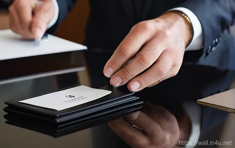 몽블랑 명함 지갑과 돈클립 지갑 비교 - A professional man, mid-30s, dressed in a sharp, dark business suit, is seated at a polished mahogan...