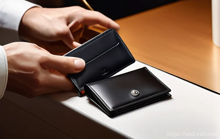 몽블랑 명함 지갑과 돈클립 지갑 비교 - A professional man, mid-30s, dressed in a sharp, dark business suit, is seated at a polished mahogan... 몽블랑 명함 지갑과 돈클립 지갑 비교 - A professional man, mid-30s, dressed in a sharp, dark business suit, is seated at a polished mahogan...