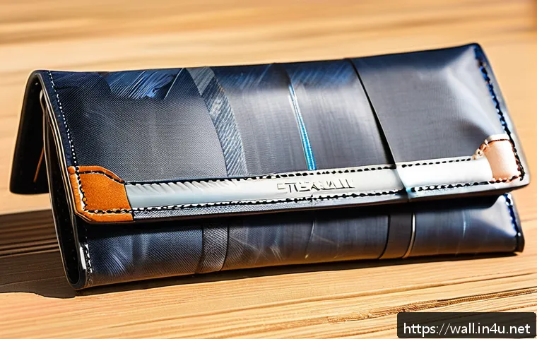 프라이탁 재활용 소재 지갑의 친환경 매력 - A close-up image of a unique wallet crafted from recycled truck tarpaulin and automotive seatbelt ma...
